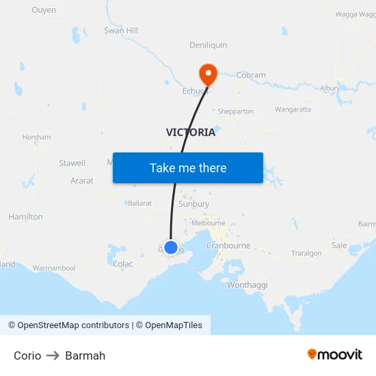 Corio to Barmah map