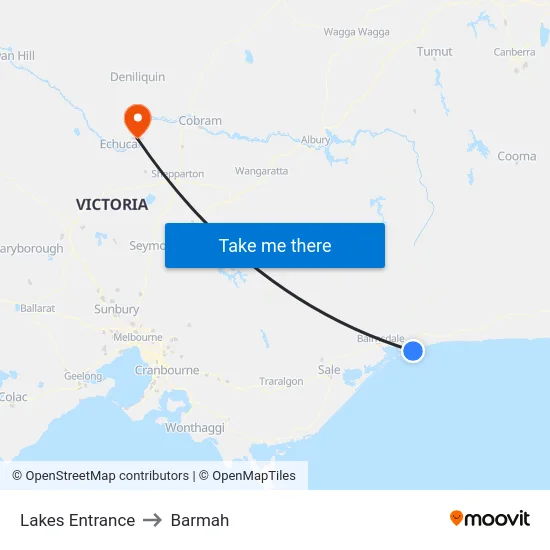 Lakes Entrance to Barmah map