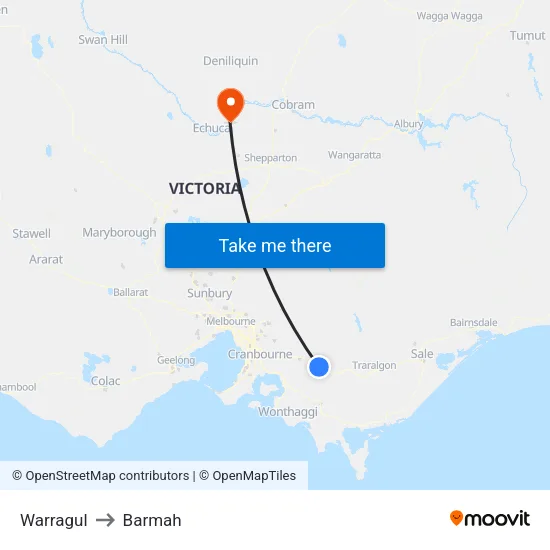 Warragul to Barmah map