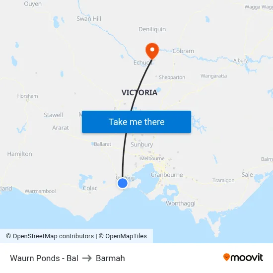 Waurn Ponds - Bal to Barmah map