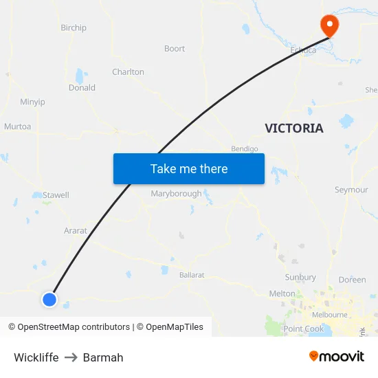 Wickliffe to Barmah map