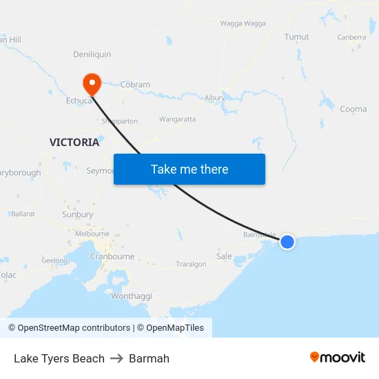 Lake Tyers Beach to Barmah map