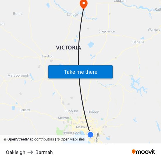 Oakleigh to Barmah map