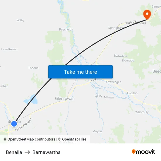Benalla to Barnawartha map