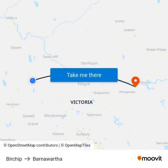 Birchip to Barnawartha map