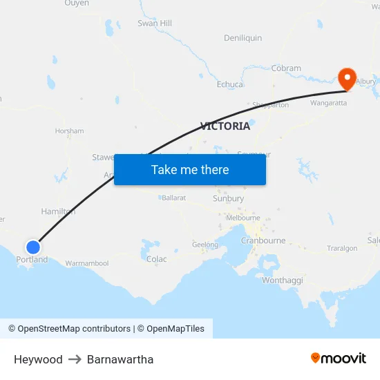 Heywood to Barnawartha map