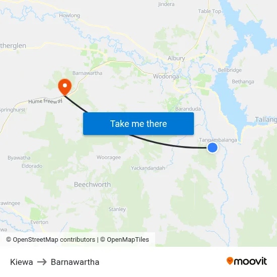 Kiewa to Barnawartha map