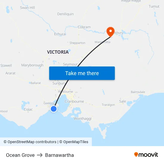 Ocean Grove to Barnawartha map