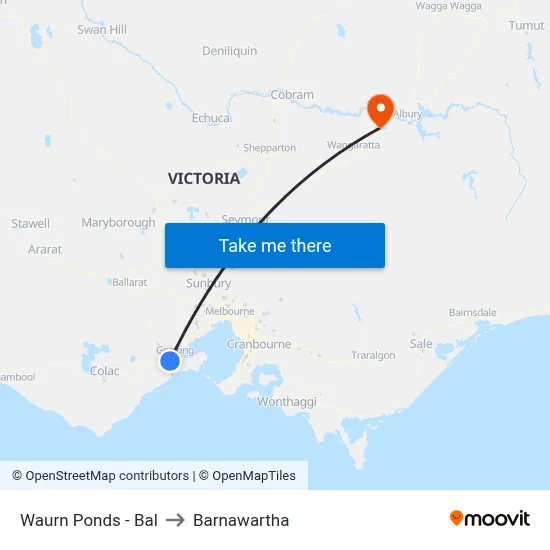 Waurn Ponds - Bal to Barnawartha map