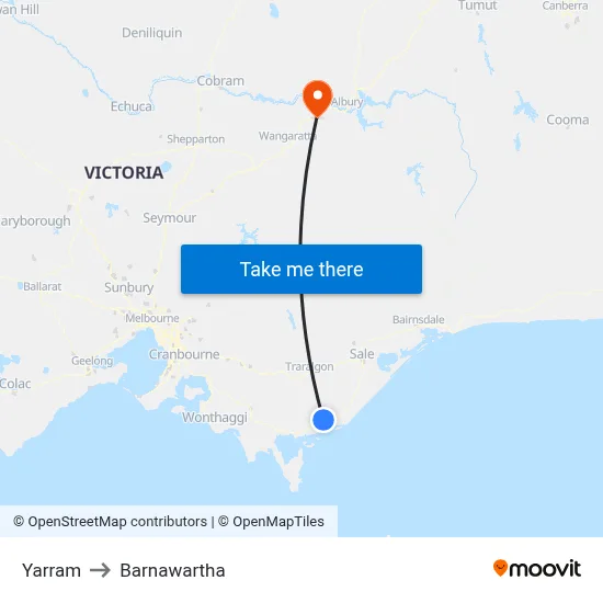Yarram to Barnawartha map