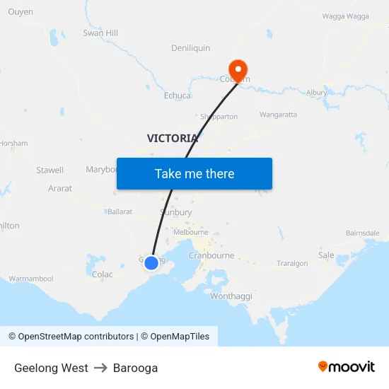 Geelong West to Barooga map