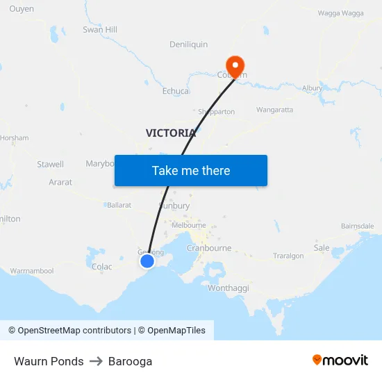 Waurn Ponds to Barooga map