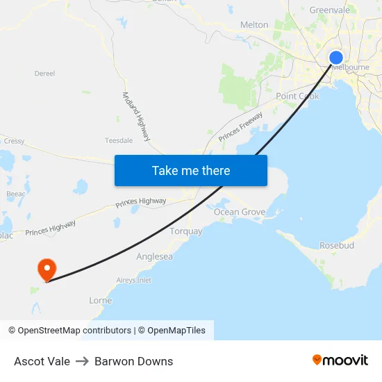 Ascot Vale to Barwon Downs map