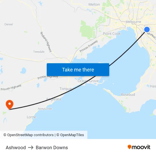Ashwood to Barwon Downs map