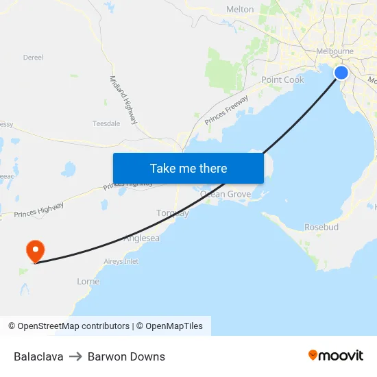 Balaclava to Barwon Downs map