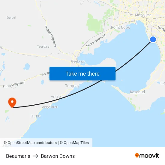 Beaumaris to Barwon Downs map