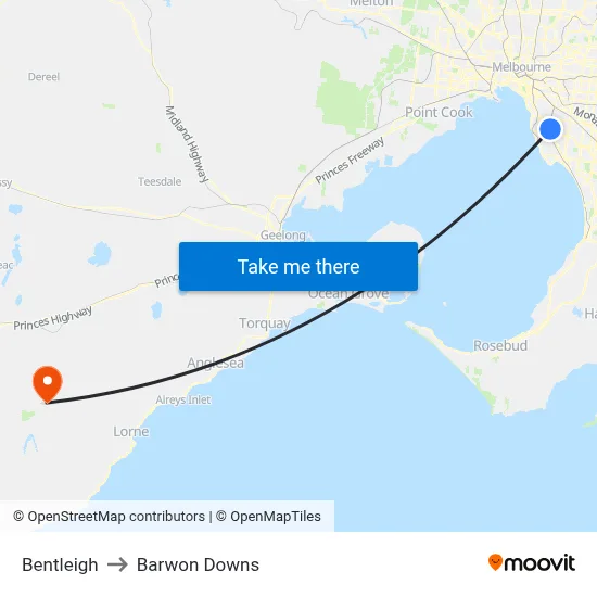 Bentleigh to Barwon Downs map