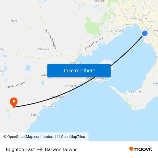 Brighton East to Barwon Downs map