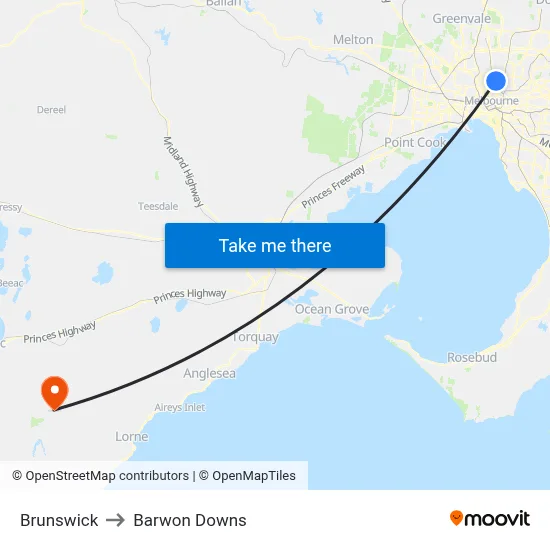 Brunswick to Barwon Downs map