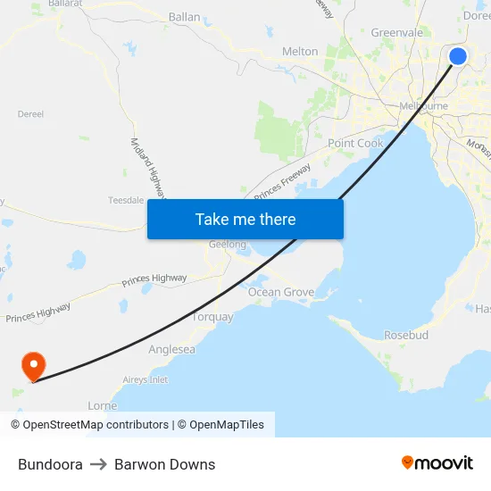 Bundoora to Barwon Downs map