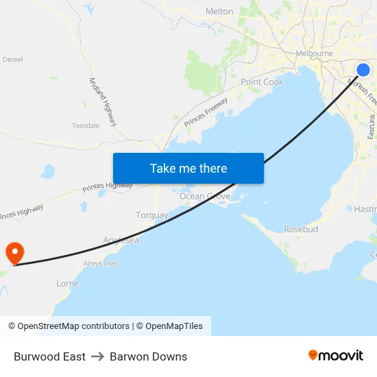 Burwood East to Barwon Downs map
