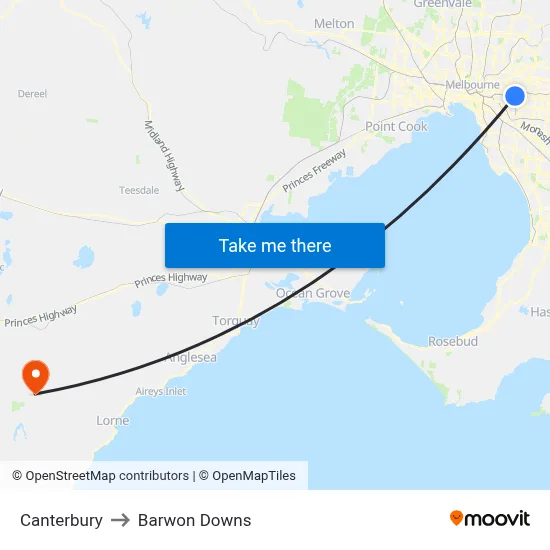 Canterbury to Barwon Downs map