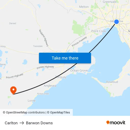 Carlton to Barwon Downs map