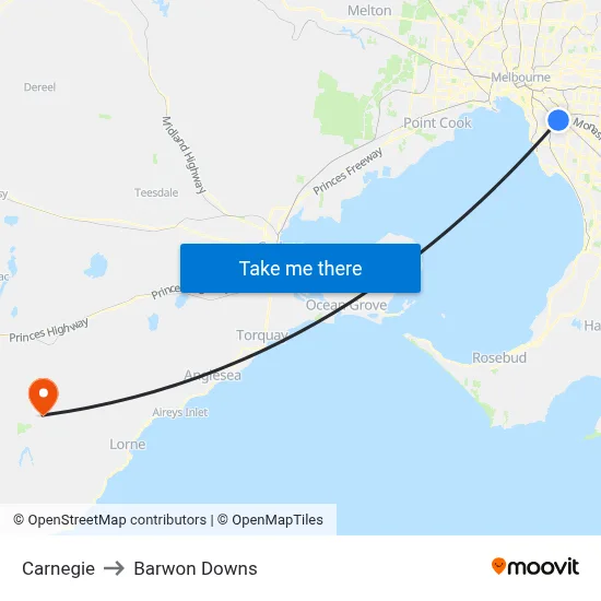 Carnegie to Barwon Downs map
