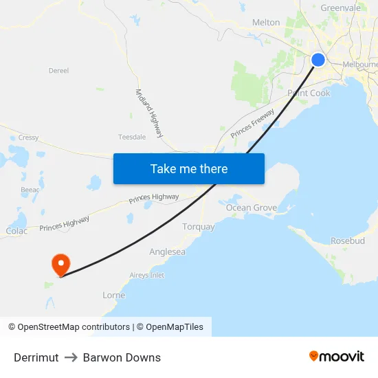 Derrimut to Barwon Downs map