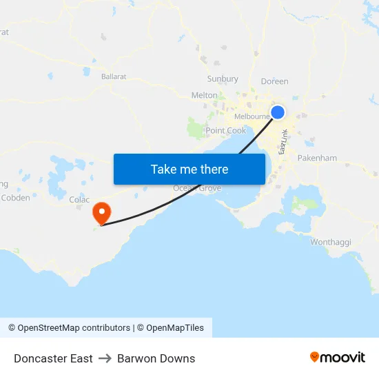 Doncaster East to Barwon Downs map
