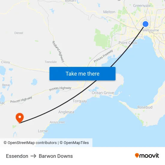Essendon to Barwon Downs map