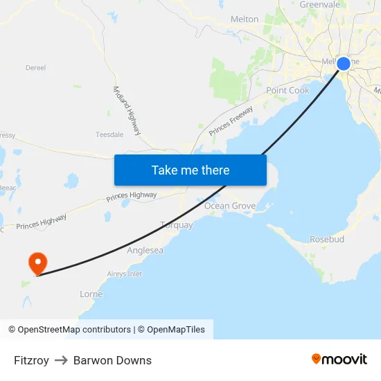 Fitzroy to Barwon Downs map