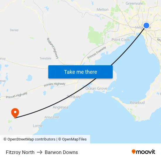 Fitzroy North to Barwon Downs map