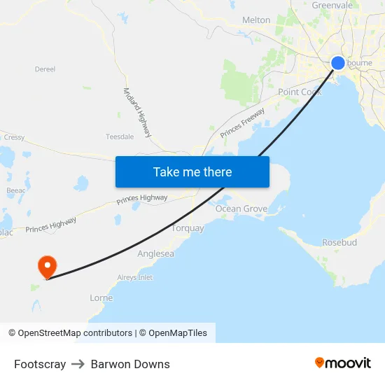 Footscray to Barwon Downs map
