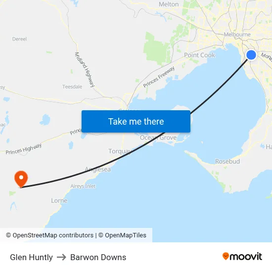 Glen Huntly to Barwon Downs map
