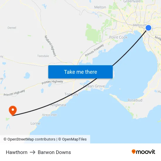 Hawthorn to Barwon Downs map