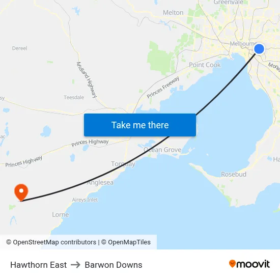 Hawthorn East to Barwon Downs map