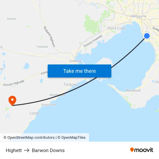 Highett to Barwon Downs map