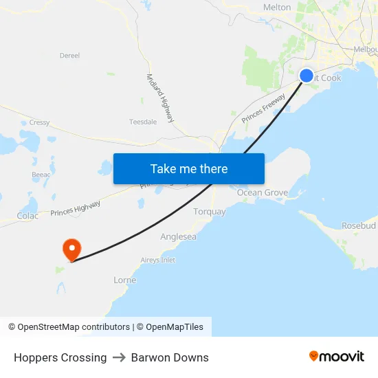 Hoppers Crossing to Barwon Downs map