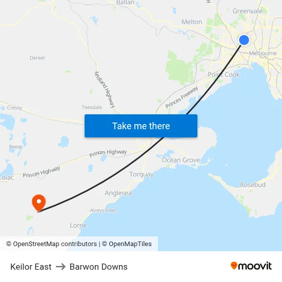 Keilor East to Barwon Downs map