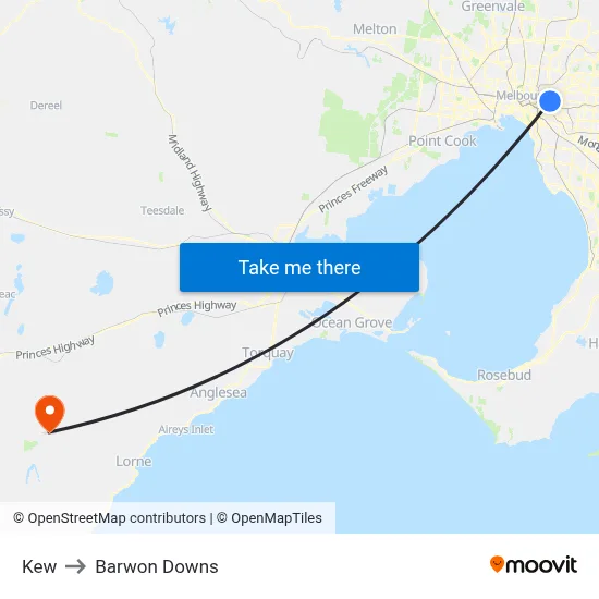 Kew to Barwon Downs map