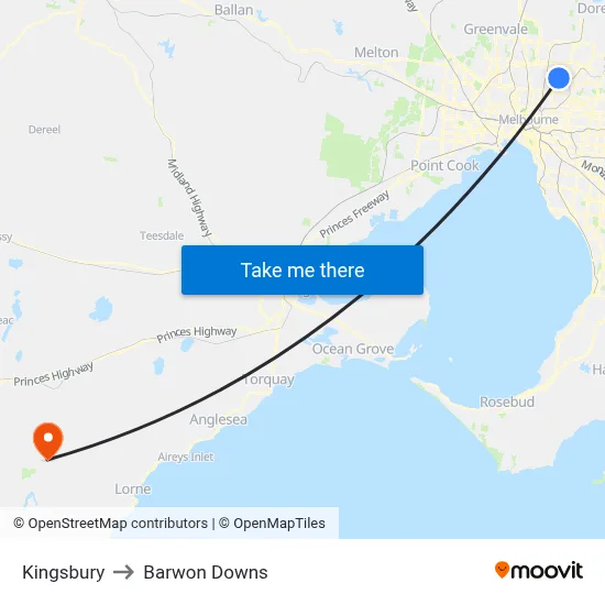 Kingsbury to Barwon Downs map