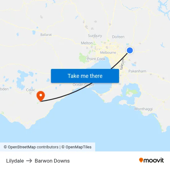 Lilydale to Barwon Downs map