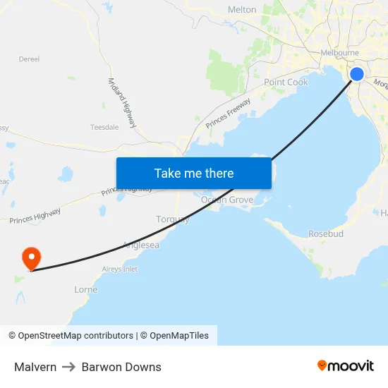 Malvern to Barwon Downs map