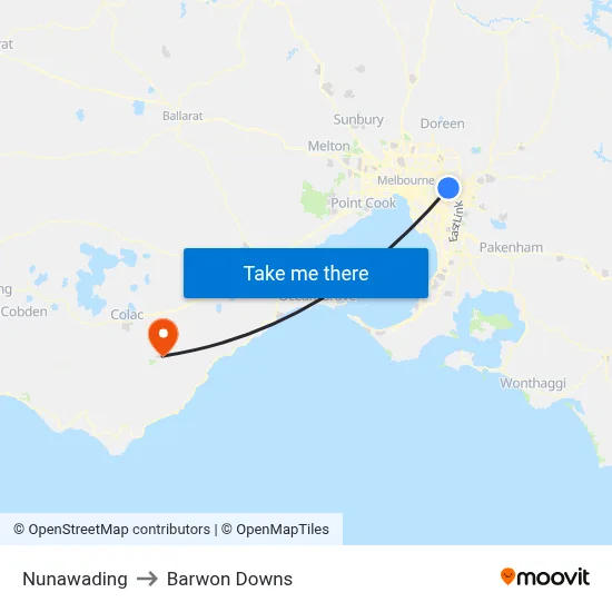 Nunawading to Barwon Downs map