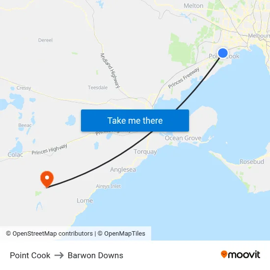 Point Cook to Barwon Downs map