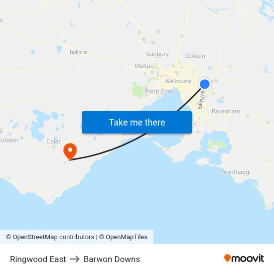 Ringwood East to Barwon Downs map