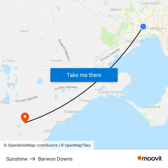 Sunshine to Barwon Downs map