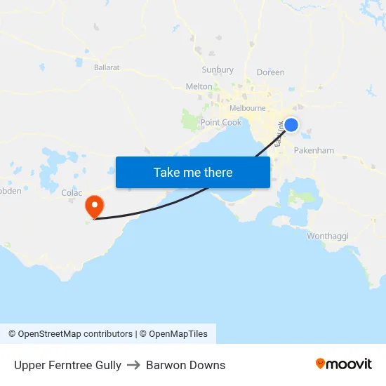 Upper Ferntree Gully to Barwon Downs map