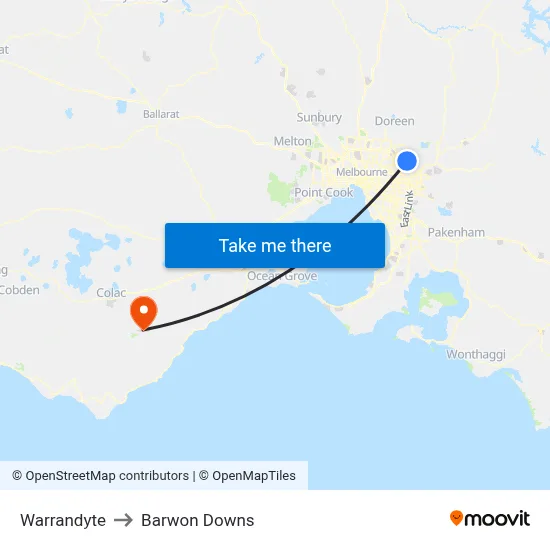 Warrandyte to Barwon Downs map